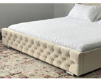 Salvatore King Bed Frame Studded Fabric Beige Plush Velvet Upholstered Tall Headboard Tufts