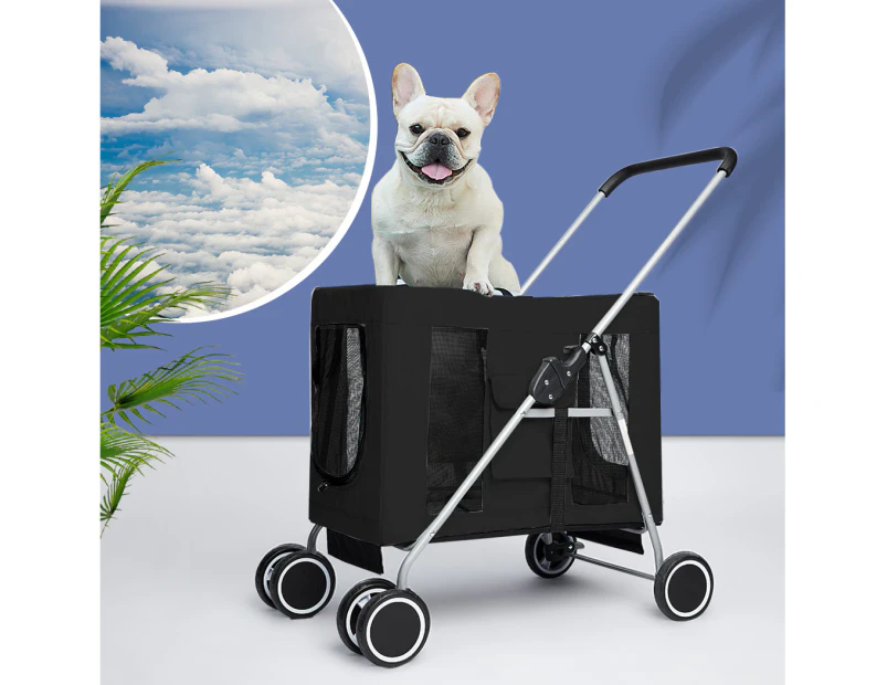 Pawz Pet Stroller Dog Cat Cage Carrier Travel Pushchair Foldable Pram Black - Black