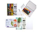 Paired Mont Marte Watercolour Paint Cake Set with A5 Paper, Brushes, Palettes Kit - Multi
