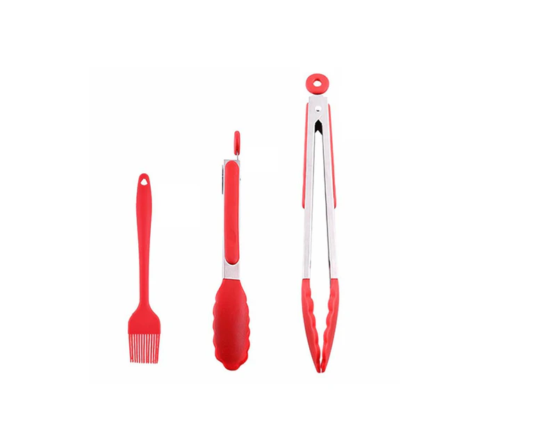 1Set Red Silicone Barbecue Tools Professional Food Tongs Silicone Basting Brush Cooking Tools Accessories BBQ Tools