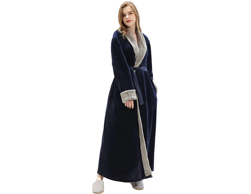 AOMEI Womens Winter Robe Soft Plush Warm Spa Long Bathrobe Pajamas-Navy Blue
