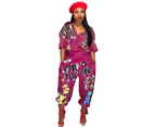 AOMEI Womens Cartoon Printing Short Sleeves High Waist One-Piece Jumpsuits-Rose Red