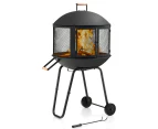 Costway 2-in-1 Outdoor Fire Pit Mobile Charcoal BBQ Garden Fireplace Patio Wood Burning Stove Camping w/Wheels,2 Doors&Fire Poker Black