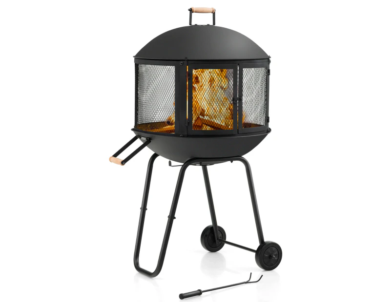 Costway 2-in-1 Outdoor Fire Pit Mobile Charcoal BBQ Garden Fireplace Patio Wood Burning Stove Camping w/Wheels,2 Doors&Fire Poker Black