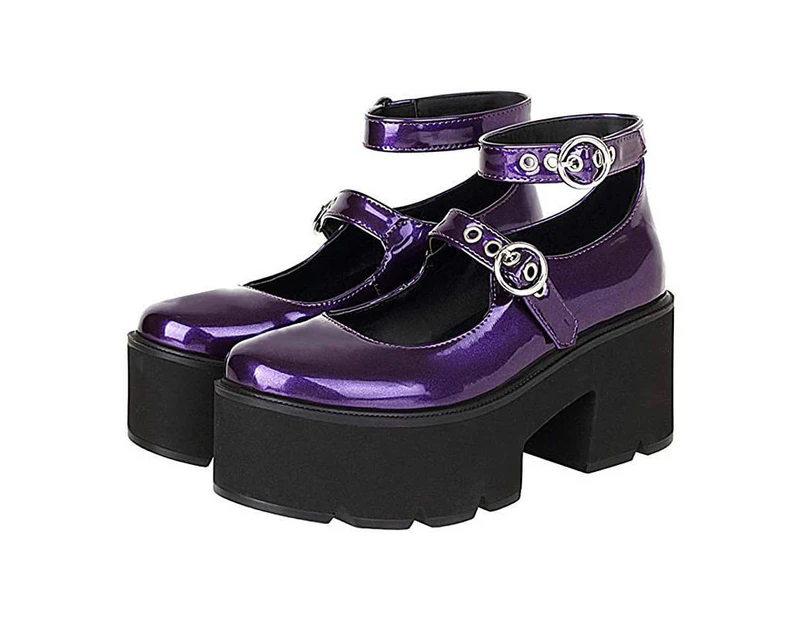 AOMEI Womens T-Strap Chunky Heel Goth Platform Mary Jane Lolita Wedges Dress Shoes-Purple