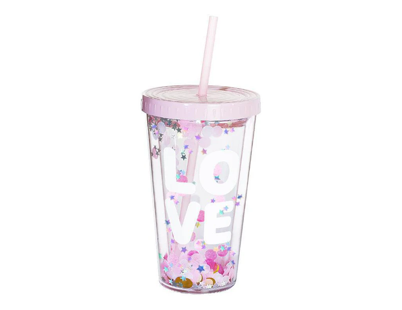 Water Bottle Eco-friendly English Letter Pattern Plastic Sequins Drinking Water Straw Cup for Travel - Pink