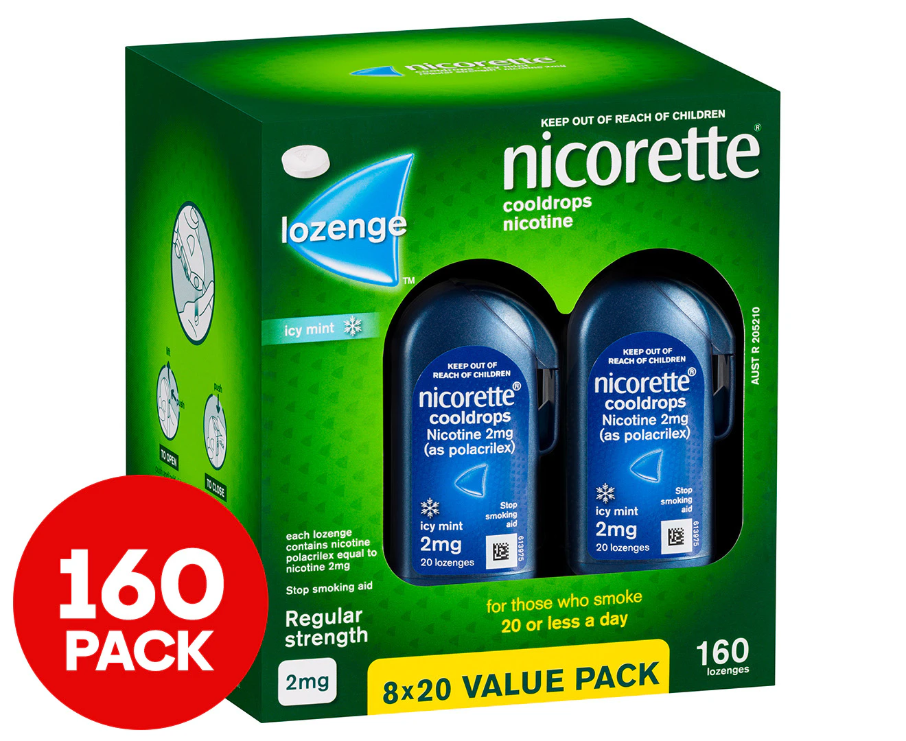 Nicorette Quit Smoking Regular Strength Cooldrops Nicotine Lozenge Icy Mint 8 x 20 Pack