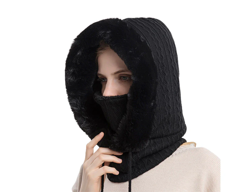 Women Winter Neck Warmer Hat Hooded Ski Snood Scarf Ski Face Mask-Black