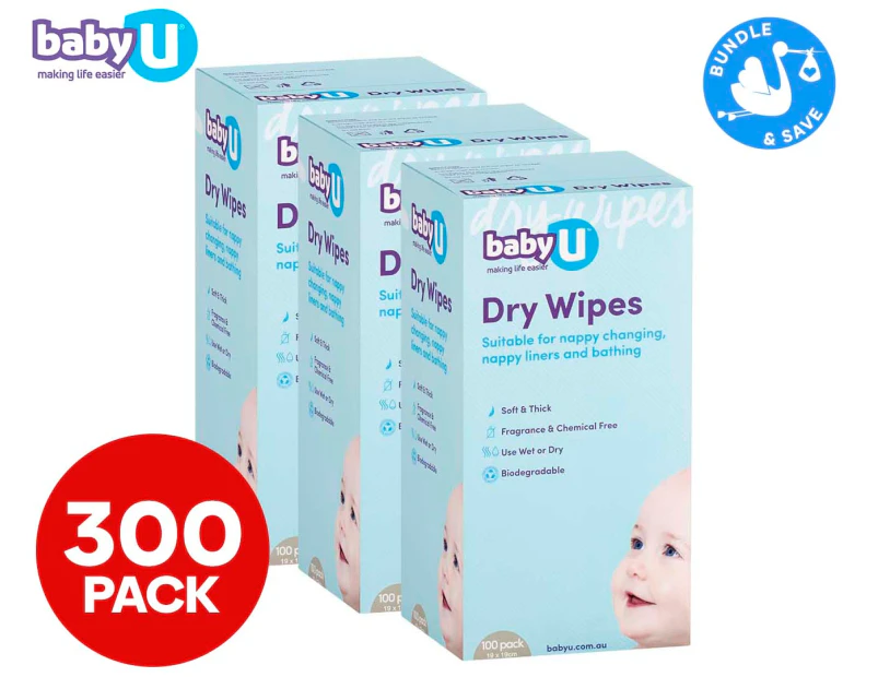 3 x 100pk BabyU Dry Wipes