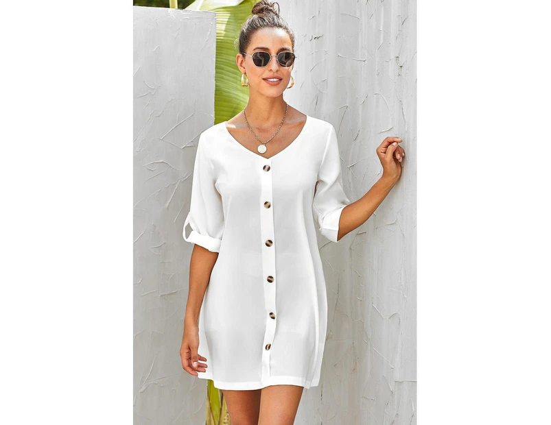 Azura Exchange White V Neck Button Front Roll up Tab Sleeve Dress
