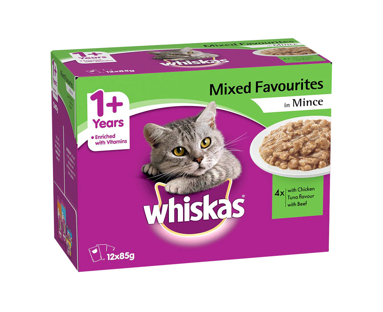 Whiskas Adult 1+ Wet Cat Food Mixed Favourites in Mince 85g x12