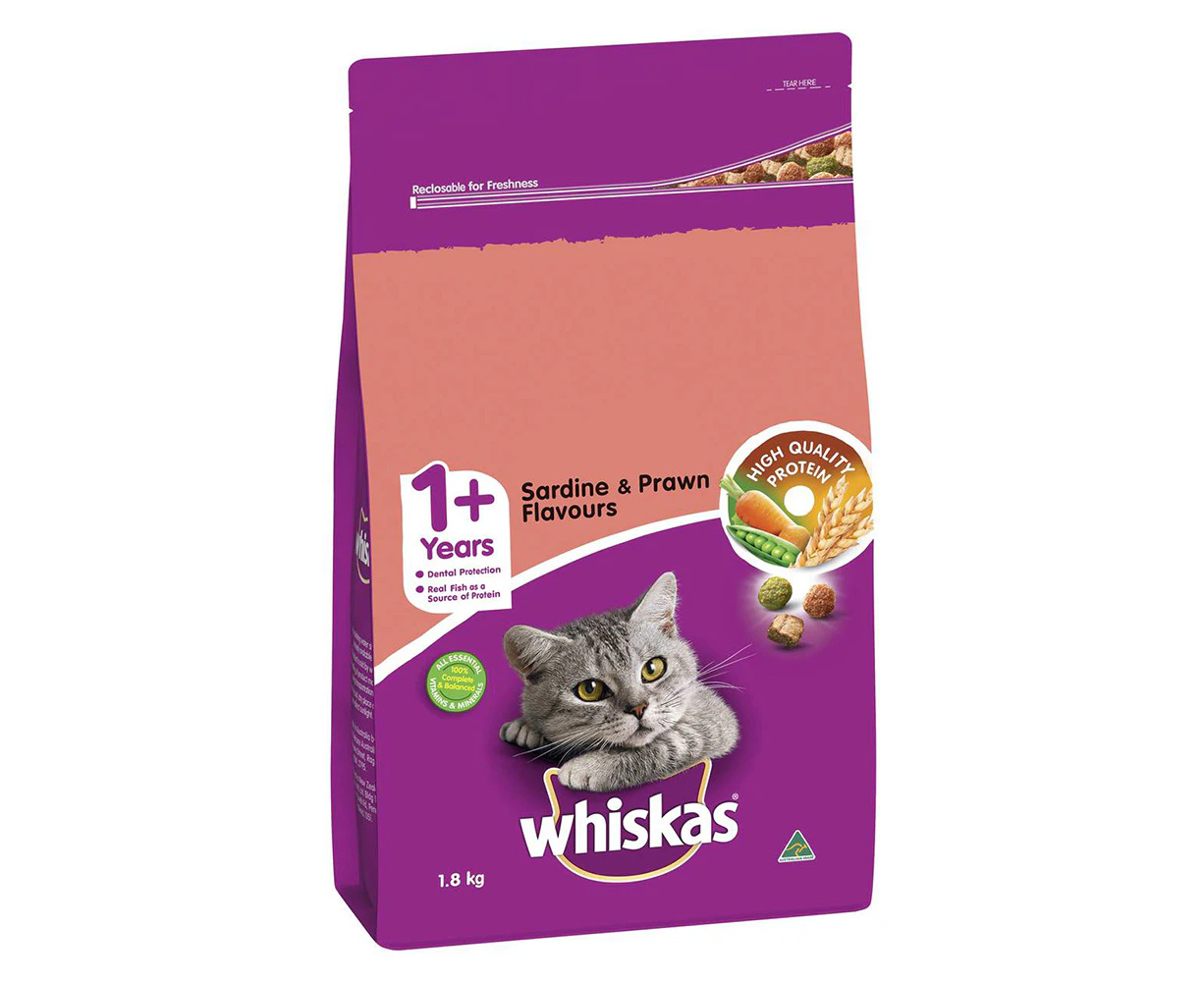 Whiskas Adult 1+ Dry Cat Food w/ Sardine & Prawn Flavours 1.8kg