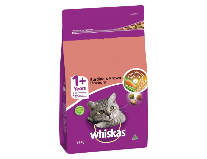 Whiskas Adult 1+ Dry Cat Food w/ Sardine & Prawn Flavours 1.8kg