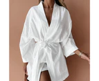 Women Bathrobe Cardigan Long Sleeves V Neck Solid Color Comfortable Sleeping Belt Lace Up Above Knee Sleeping Gown for Home Wear - White