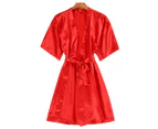 Bestjia Women Robe Solid Color Half Sleeve Belt Faux Silk Sleepwear Sexy Thin V Neck Nightgown Women Clothes - Red