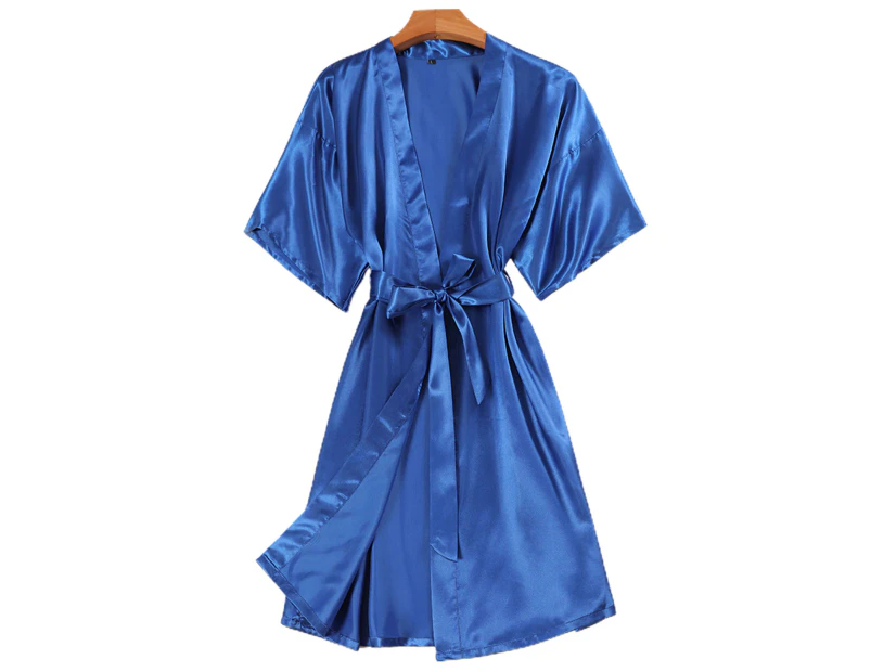 Bestjia Women Robe Solid Color Half Sleeve Belt Faux Silk Sleepwear Sexy Thin V Neck Nightgown Women Clothes - Royal Blue