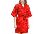 Bestjia Women Robe Solid Color Half Sleeve Belt Faux Silk Sleepwear Sexy Thin V Neck Nightgown Women Clothes - Red