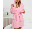 Long Sleeve Pockets Belt Solid Color Plush Nightgown Women Winter Warm Hooded Double Sided Fleece Short Bathrobe Home Wear - Pink