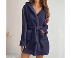 Women Winter Bathrobe Solid Color Thick Sleepwear Warm Belt Cardigan Tight Waist Plush Water Absorption Lady Nightgowns for Home - Navy Blue