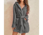 Women Night Gown Solid Color with Hat Long Sleeve Above Knee Comfortable Plush Thick Cardigan Hooded Women Sleeping Gown for Home Wear - Grey