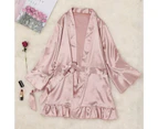Women Pajamas Cardigan Silky Above Knee Long Sleeves Solid Color Satin Tight Waist Ruffle Lace Up Lady Sleeping Gown for Bedroom - Skin Color