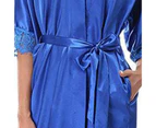 Bestjia Women Bathrobe Solid Color Belt Cardigan Lace Lady Pajamas for Spring - Blue