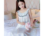 Bestjia Fashion Faux Silk Ruffle Night Dress Nightgown Women Loose Mid-Calf Sleepwear - White