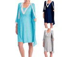 Bestjia Pregnant Women Solid Color Lace Patchwork 3/4 Sleeve Bath Robe Kimono Sleepwear - Navy Blue