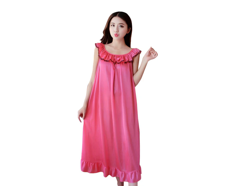 Bestjia Fashion Faux Silk Ruffle Night Dress Nightgown Women Loose Mid-Calf Sleepwear - Watermelon Red