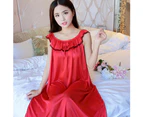 Bestjia Fashion Faux Silk Ruffle Night Dress Nightgown Women Loose Mid-Calf Sleepwear - Cameo Brown