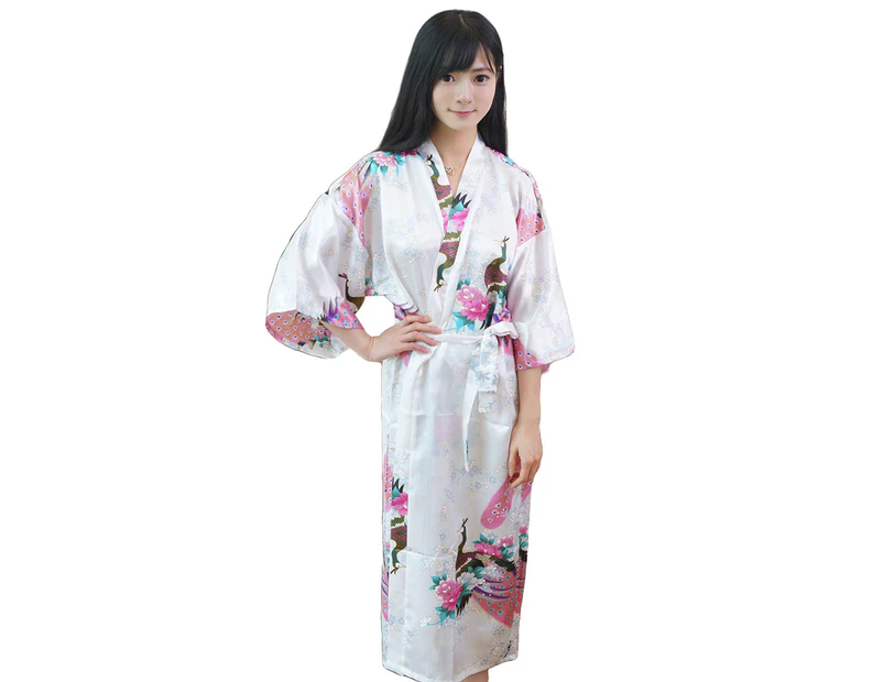 Bestjia Fashion Peacock Floral Print Long Kimono Robe Wedding Bridesmaid Women Sleepwear - White