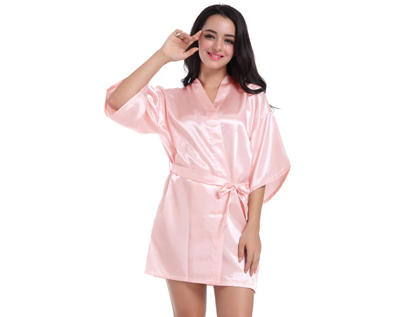 Bestjia Sexy Women Solid Color Satin Kimono Robe Sleepwear Nightgown Dress Bathrobe - Pink