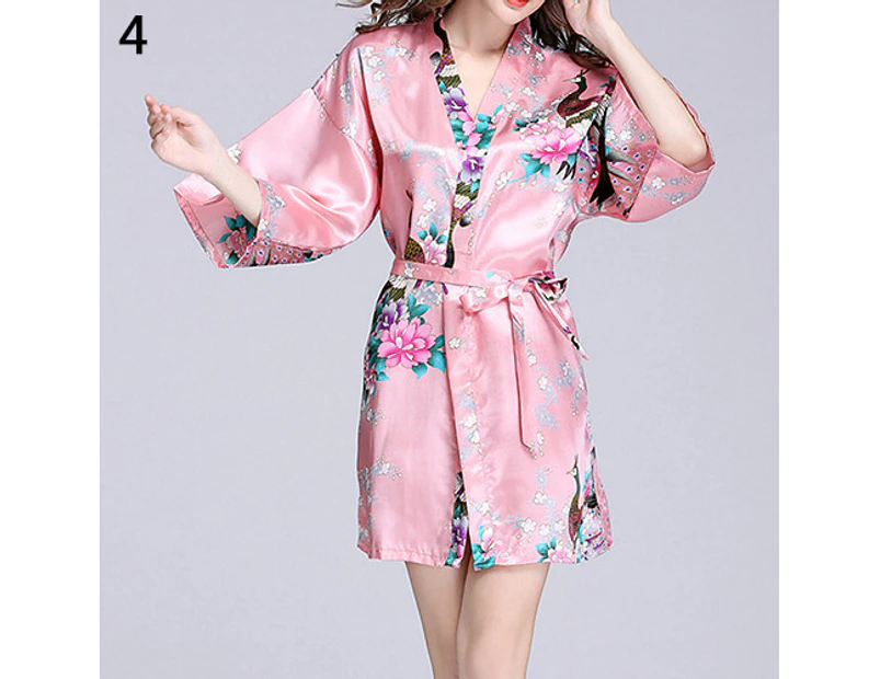 Bestjia Women's Fashion Faux Silk Bathrobe Peacock Printing Sexy Gown Robe Sleepwear - Pink