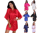 Bestjia Sexy Women Solid Color Satin Kimono Robe Sleepwear Nightgown Dress Bathrobe - Rose Red