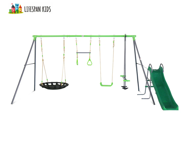 Lifespan Kids Lynx 4-Station Swing Set w/ Slippery Slide - Green/Grey