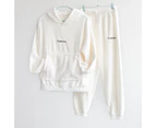 2Pcs/Set Hooded Long Sleeves Pocket Elastic Waistband Loose Flannel Pajamas Women Winter Letter Print Plush Sweatshirt Pants Homewear Set - White