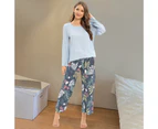Bestjia 1 Set Women Pullover Pants Flower Print O-Neck Long Sleeve Homewear Super Soft Loose Sleepwear Pajamas Set for Spring Summer Autumn - Blue