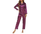 Bestjia 1 Set Women Top Pants Solid Color Long Sleeve Single Breasted Summer Autumn Homewear Turndown Collar Pajamas Set for Home - Purple