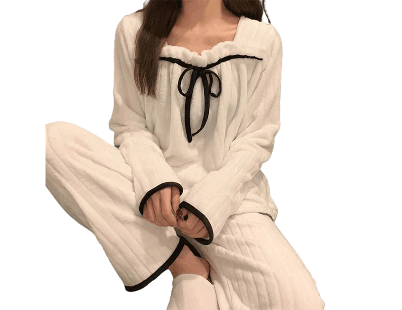 Bestjia 2 Pcs/Set Women Pajamas Set Shirring String Square Neck Contrast Color Long Sleeves Sleeping Loose Soft Bow-knot Nightie Set for Home - White