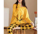 Bestjia 2Pcs/Set O-Neck Long Sleeve Mid-Rise Elastic Waistband Loose Pajamas Set Girls Cartoon Print Pullover Blouse Long Pants Set - Yellow
