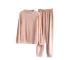 Bestjia 2Pcs/Set Women Pajamas Solid Color Coral Fleece Thicken Warm Lady Nightclothes for Sleeping - Pink