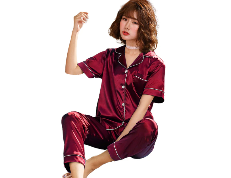 Bestjia Women Turndown Collar Button up Short Sleeve Blouse Pants Loungewear Pajama Set - Red