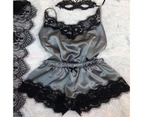 Bestjia Spaghetti Strap Lace Stitching Vest Shorts Set Imitation Satin V-Neck Sleeveless Pajama Set for Wedding Night - Dark Gray