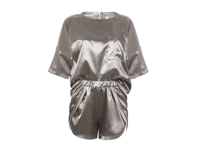 Bestjia Pajama Set Short Sleeve Charming Women O Neck Sleepwear for Bedroom - Grey