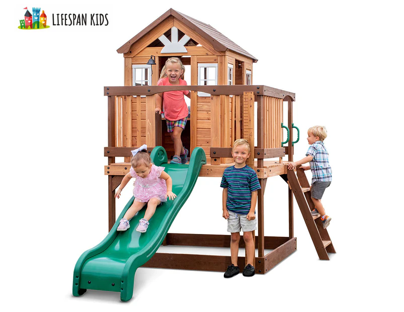 Lifespan Kids Backyard Discovery Echo Heights 2.3m Cubby House w/ Slide - Natural/Green/White