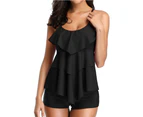 Women Tankini Swimsuits Layered Ruffle Flounce Tankini Top with Boyshorts Two Piece Bathing Suits - Black