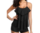 Women Tankini Swimsuits Layered Ruffle Flounce Tankini Top with Boyshorts Two Piece Bathing Suits - Black