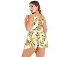 Plus Size Floral Print Halter Swimwear One Piece Pin up Tankini Swimwear - Yellow