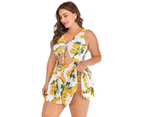 Plus Size Floral Print Halter Swimwear One Piece Pin up Tankini Swimwear - Yellow