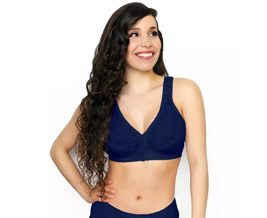 Exquisite Form Fully Front Close Wire-Free Posture Bra With Lace - Navy